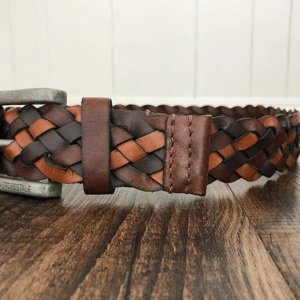 Aeropostale Y2K Wide Woven Leather Belt Rugged Durable Mens Size Medium Brown